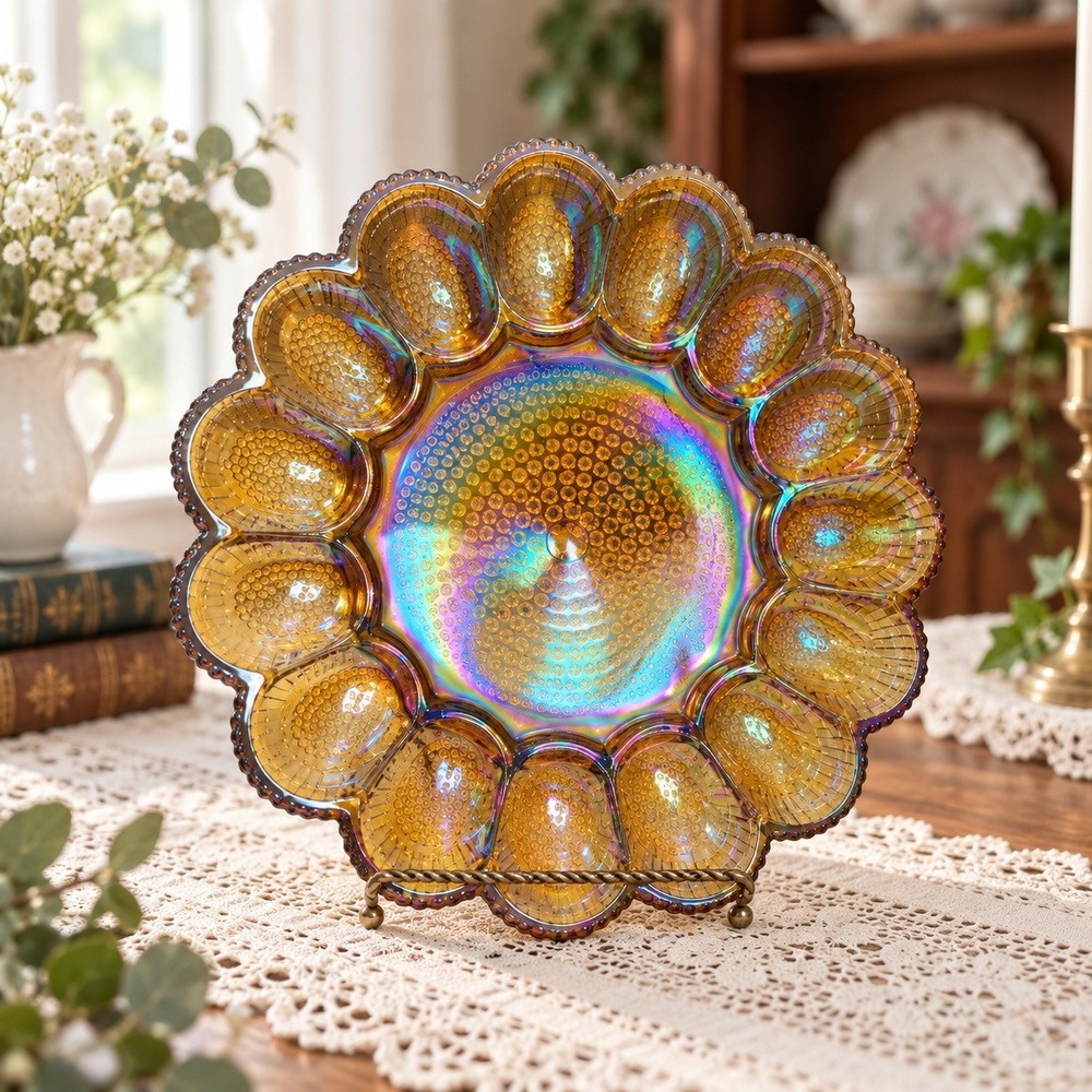 Vintage Egg Dish 11" Marigold Indiana Glass Carnival Iridescent Plate